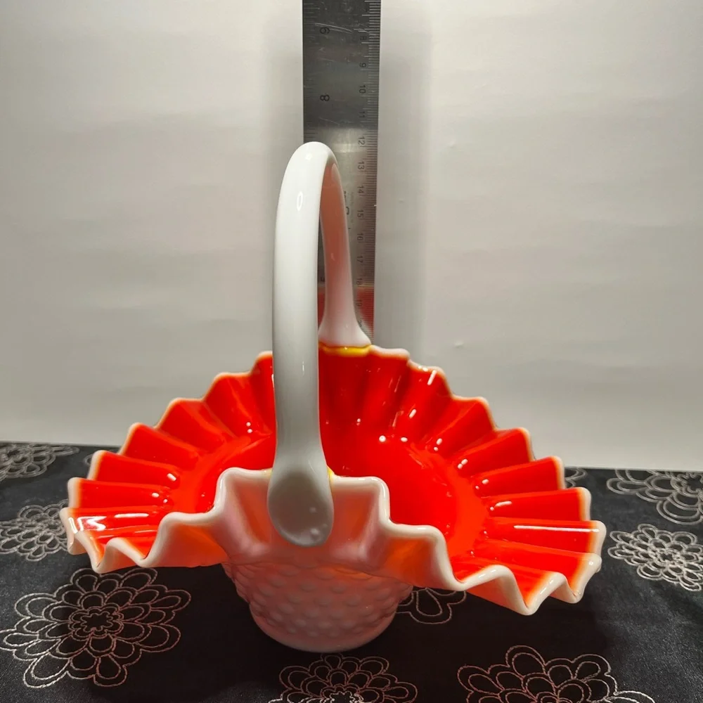 Vintage Fenton Hobnail Basket Ruby Red Overlay with White Handle & Ruffled Edge